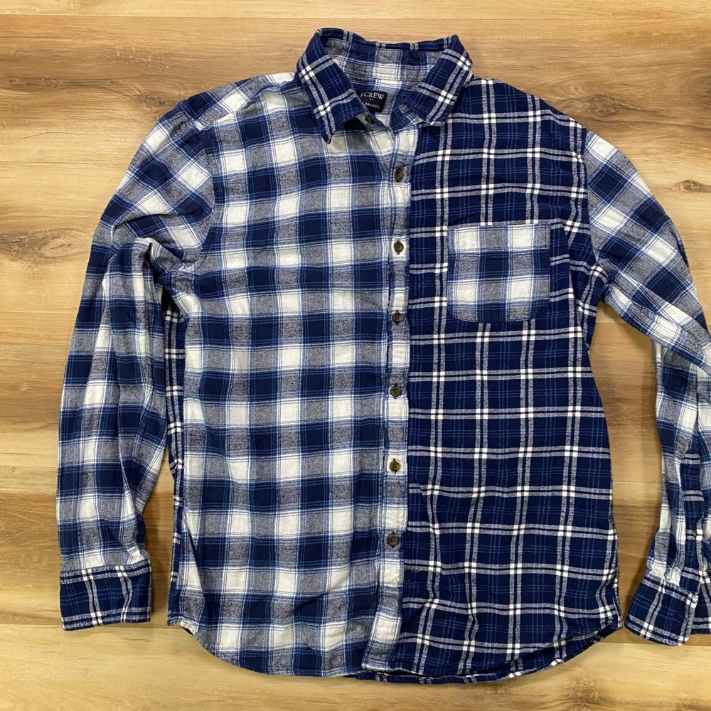 J.Crew Flannel Shirt Large Colorblock Plaid Cotton Button Down Blue White
